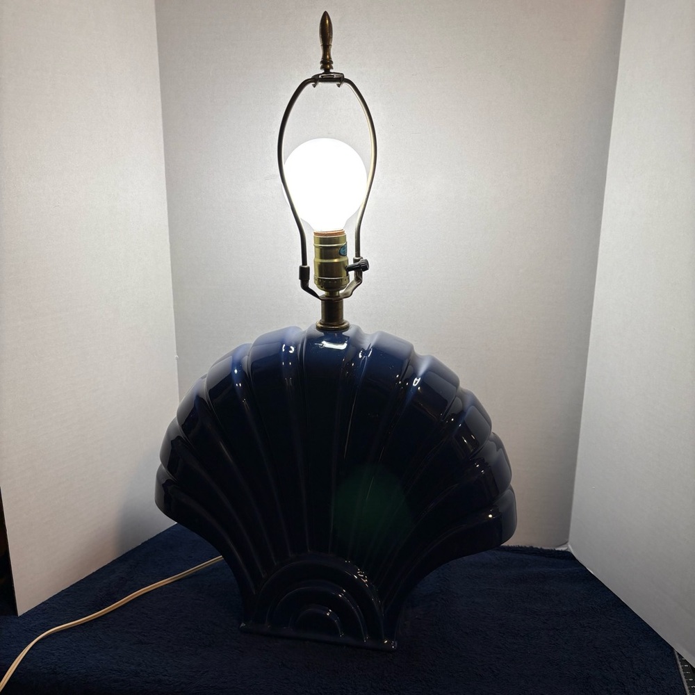 Vintage 70’s 80’s MCM Blue Ceramic Clam Shell Lamp Art Deco Revival Seashell - Picture 7 of 7